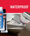 MarineWeld Two Part Marine Epoxy For Your Go-To Boat Repairs, 2 Oz, shown with repaired metal boat joint, waterproof seal.