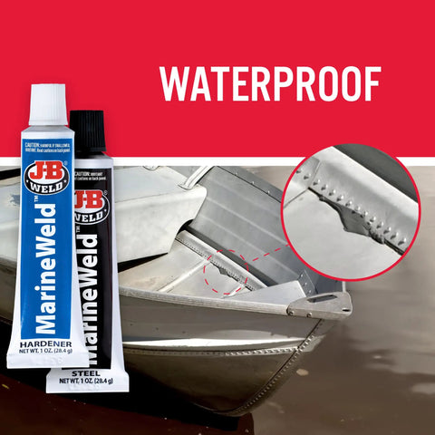 MarineWeld Two Part Marine Epoxy For Your Go-To Boat Repairs, 2 Oz, shown with repaired metal boat joint, waterproof seal.