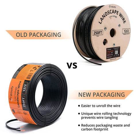 Comparison of old vs new packaging for 12/2 Low Voltage Landscape Wire 250 Ft For Outdoor Direct Burial Pure Copper Cable.