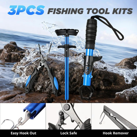 3-piece fishing tool kit with hook remover, pliers, and fish grip on rocks by the sea