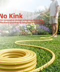 Yellow Short Garden Hose 3/4 Inch By 10 Feet No Kink Leak Free Flexible PVC Water Hose on grass, person watering garden