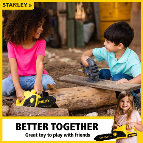 Kids playing with Kids Battery Powered Deluxe Chainsaw Toy For Role Play Realistic Actions And Sounds With Safe Durable Build