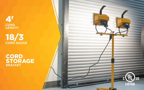 Twin 500 Watt Portable Halogen Work Light With Telescoping Stand Up To 42 Inches 360 Degree Head Rotation next to a garage door