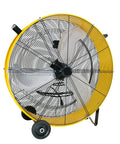 30 Inch Heavy Duty Industrial Drum Fan With Smooth Rolling Wheels Blows 12800 Cfm Hella Badass Airflow For Garage Maintenance Or Active Shop Cooling Sessions, yellow and black design.