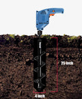 4 Inch By 25 Inch Garden Auger Drill Bit For Planting Bulbs And Bedding Plants attached to cordless drill over soil