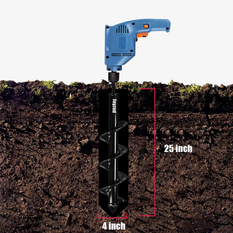 4 Inch By 25 Inch Garden Auger Drill Bit For Planting Bulbs And Bedding Plants attached to cordless drill over soil