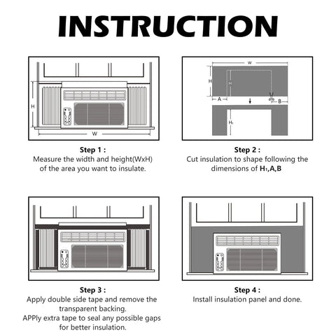 Instruction diagram for installing Window Air Conditioner Side Insulation Foam Panel Kit, One Piece Full Surround Seal