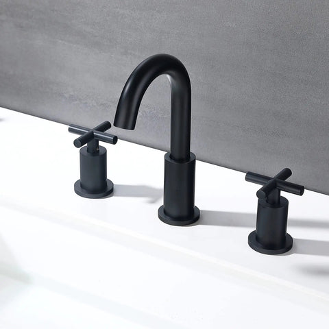 Matte Black 8 Inch Widespread Bathroom Faucet With Two Handles 3 Hole Sink Faucet With Valve And Pop Up Drain Brass Construction