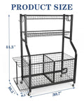Garage Ball Storage Organizer with Rolling Cart and 2 Large Bins, Wire Mesh Basket with Size Dimensions for Basketballs and Toys