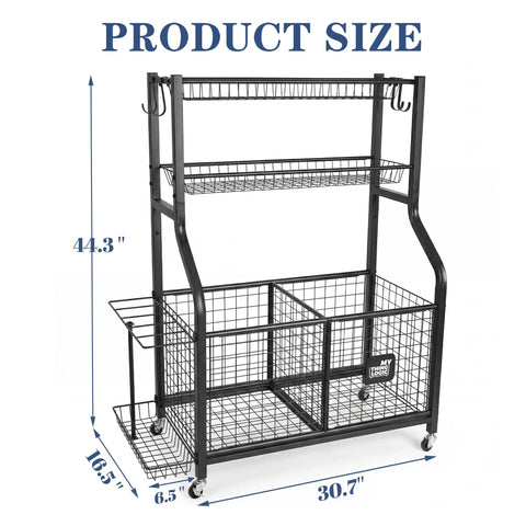 Garage Ball Storage Organizer with Rolling Cart and 2 Large Bins, Wire Mesh Basket with Size Dimensions for Basketballs and Toys