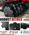 Four Pack Eighteen Inch Notched Harrow Disc Blades For Seven Eighth Or One Inch Square Axles displayed with product features
