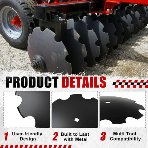 Four Pack Eighteen Inch Notched Harrow Disc Blades For Seven Eighth Or One Inch Square Axles displayed with product features