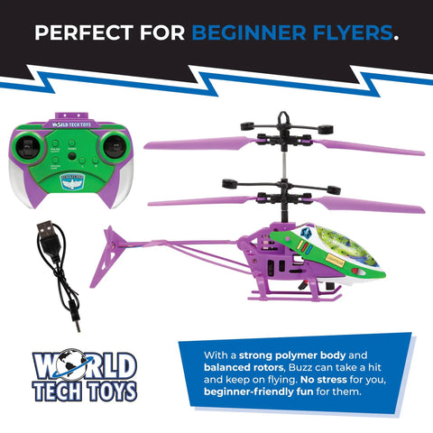 Buzz Lightyear Remote Control Helicopter With LED Lights For Kids Eight Plus Easy Fly Coaxial RC Chopper displayed with controller