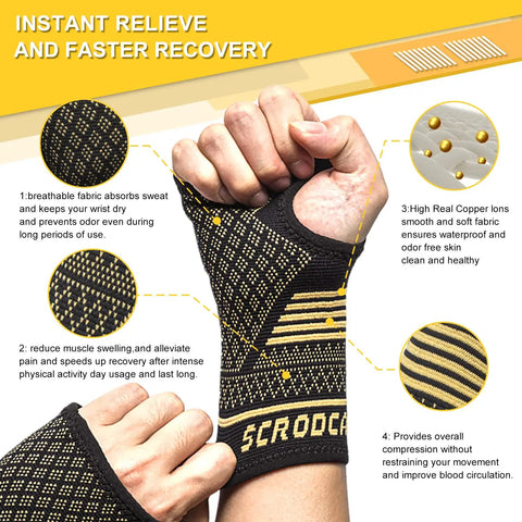 Close-up of Copper Wrist Compression Sleeves for Carpal Tunnel and Arthritis, breathable and comfy support with copper fabric detail.