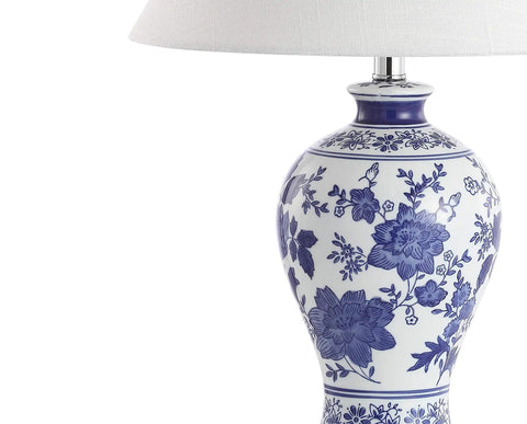 Blue And White Chinoiserie Floral Ceramic Table Lamp With Crystal Base And White Linen Shade Classic Vase Style Living Room Lighting