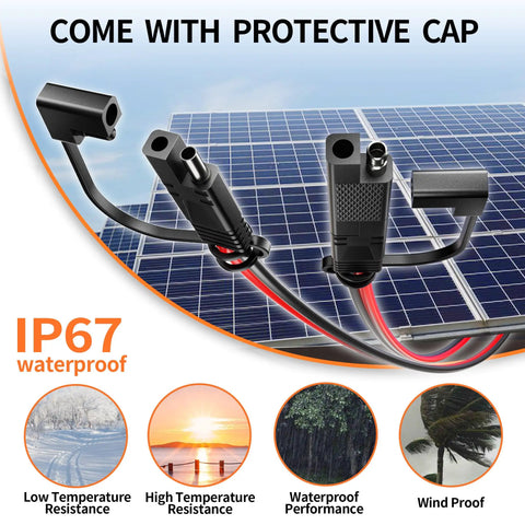 Straight Up Heavy Duty Sae Extension Cable 12 Foot With 16Awg Thick Core Wiring shown with protective cap and solar panels.