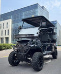 Black 4 Seater Electric Golf Cart With Durable Roof And Clear Windshield Including Front Basket And Rear Cargo Box, angled view.
