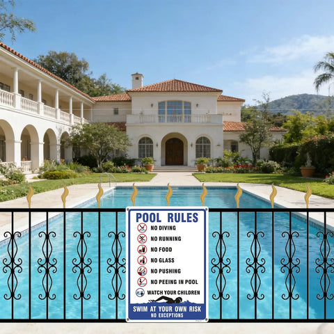 Two Pack Pool Rules Signs Keep It Safe No Diving No Running Swim At Your Own Risk Warning Sign 14 By 10 Inch Reflective Aluminum Weatherproof UV Protected For Pools Water Parks And Beaches Easy To Mount displayed on poolside fence