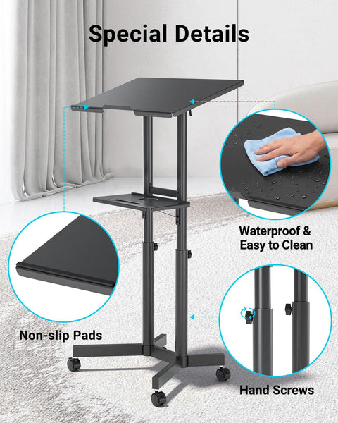 On Wheels Portable Standing Laptop Desk With Height Adjustable Sit Stand 0 To 40 Degree Tilt Rolling Cart With Storage Tray For Home Office Classroom Pulpit Style Lectern White with non-slip pads and waterproof surface