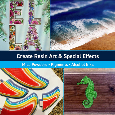 Assorted resin art pieces with Pro Grade Epoxy Kit For Marine Grade Resin And Hardener Crystal Clear For Woodworking Fiberglass Boat Building And Repairs 1.5 Quart Medium Low Viscosity Non Blushing System.