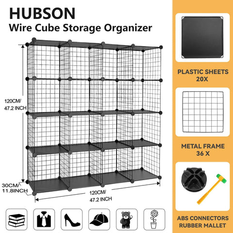 Modular 16 Cube Wire Storage Organizer System in black with metal grid shelving, plastic sheets, and ABS connectors for flexible use.