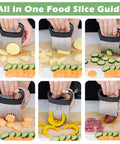 Suuker large crinkle cutter with black handle and stainless blades; six-panel collage slicing potatoes, cucumbers.