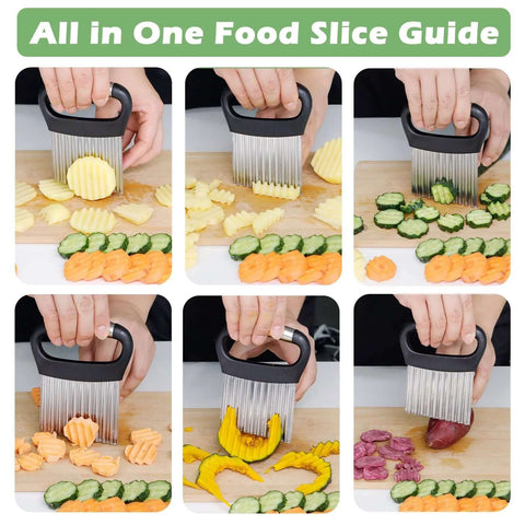 Suuker large crinkle cutter with black handle and stainless blades; six-panel collage slicing potatoes, cucumbers.