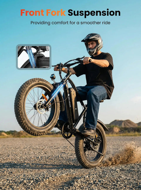 Powerful 1000W Fat Tire Electric Bike For Adults And Teens, 20 MPH Top Speed, 20x4 Fat Tires, Removable 10.4Ah Battery, USB Charging Port, 7-Speed Mountain And Commuter Ebike, Four Bikes In One For City, Trail, Snow And More. Rider on fat tire electric bike with front fork suspension