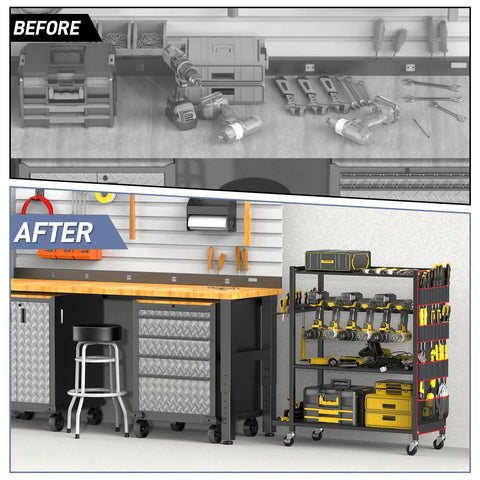 Rolling Power Tool Storage Cart For Garage And Shop, 4-Tier Drill Organizer With Slots For 12 Drills shown in garage setup