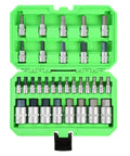 Green case with 32 Piece Hex Bit Socket Set With SAE And Metric Sizes For Quarter Inch, Three Eighth Inch, And Half Inch Drive.