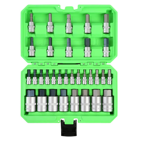 Green case with 32 Piece Hex Bit Socket Set With SAE And Metric Sizes For Quarter Inch, Three Eighth Inch, And Half Inch Drive.