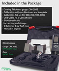 Rugged Coating Thickness Meter for Steel and Aluminum Structures, 0-3000µm Range, 0.001 Mil Resolution, External Probe, Fe/NFe Auto Detection, USB Data Export, Built for Inspectors, Contractors, and QC Pros On the Jobsite. Open case with gauge, probe, USB cable, foils, and manual