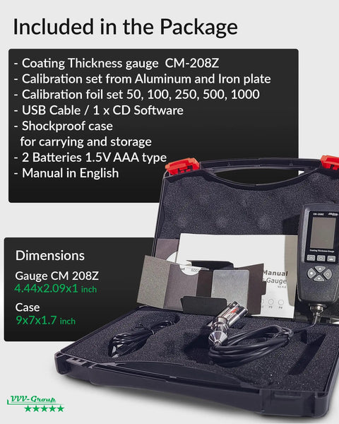 Rugged Coating Thickness Meter for Steel and Aluminum Structures, 0-3000µm Range, 0.001 Mil Resolution, External Probe, Fe/NFe Auto Detection, USB Data Export, Built for Inspectors, Contractors, and QC Pros On the Jobsite. Open case with gauge, probe, USB cable, foils, and manual
