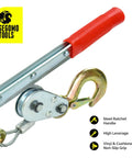 2 Ton Heavy Duty Come Along Puller With 3 Hooks Dual Gear Power Ratchet Steel Cable Winch in close-up view.