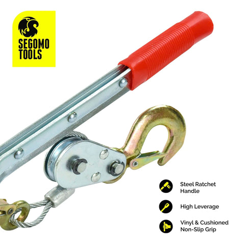 2 Ton Heavy Duty Come Along Puller With 3 Hooks Dual Gear Power Ratchet Steel Cable Winch in close-up view.