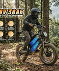 Rider on dual motor electric fat tire ebike in forest, showcasing removable dual battery, all-terrain 20-inch fat tires, 36 MPH top speed