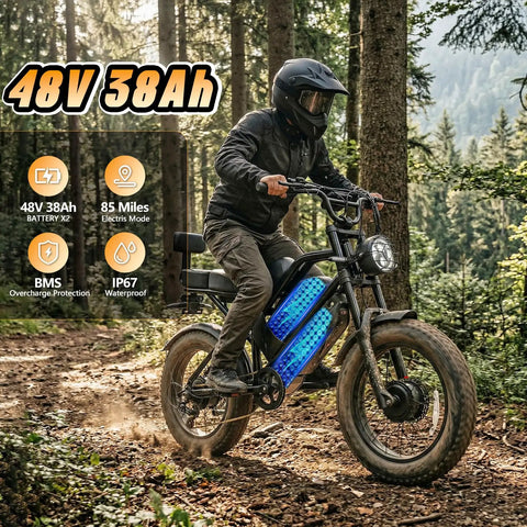 Rider on dual motor electric fat tire ebike in forest, showcasing removable dual battery, all-terrain 20-inch fat tires, 36 MPH top speed