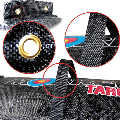 Close-up of Keep Hammering Heavy Duty Crossbow Target Bag for 54 Pound Bows, showing grommets and strap details.