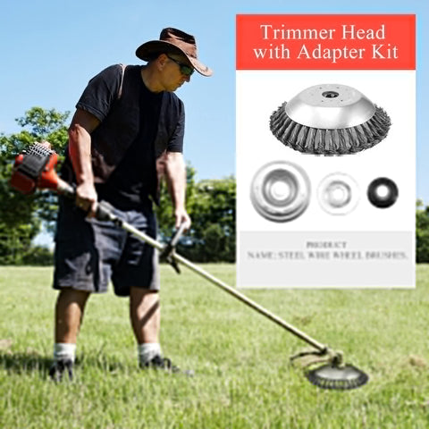 Man using 8 Inch Unbreakable Wired Trimmer Blade For Weed Eater And Weed Whacker Steel Wire Cutter Head With Rotary Brush Adapter Kit.