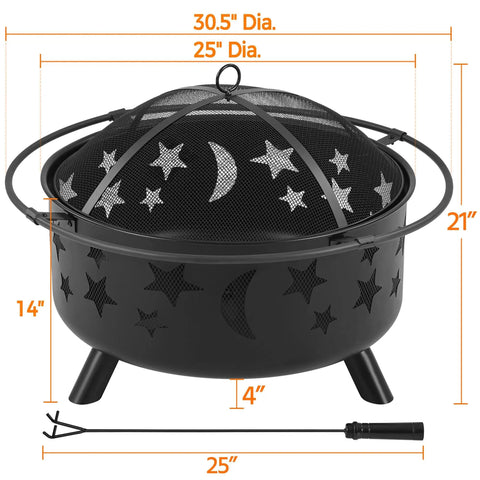 Round 30 Inch Fire Pit For Outdoor Wood Burning With Spark Screen And Poker Celestial Stars And Moon Cutouts