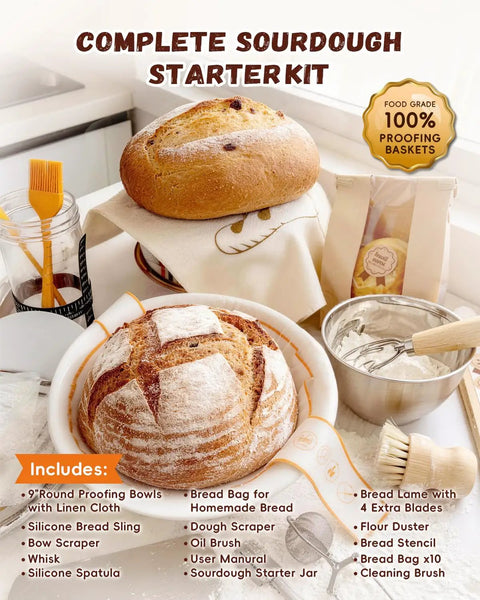 Complete Sourdough Starter Kit For Beginners And Bakers With Round Banneton Proofing Basket, Dough Whisk, and Accessories