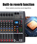 GX12 12 Channel Pro Mixer Console With USB Bluetooth MP3 Input And 48V Phantom Power showing built-in reverb function and DSP
