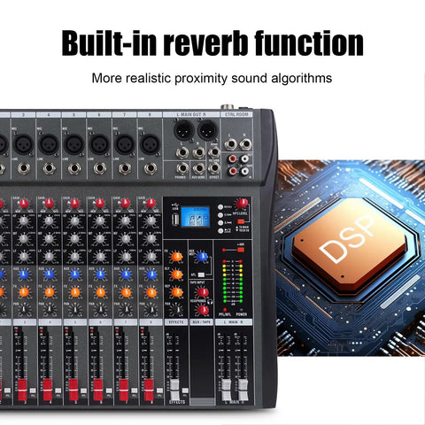 GX12 12 Channel Pro Mixer Console With USB Bluetooth MP3 Input And 48V Phantom Power showing built-in reverb function and DSP