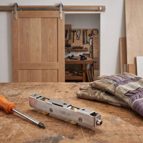 Heavy Duty Sliding Door Rollers Replacement Kit With Silent Stainless Steel Bearings for Silky Glass Track Glide laid on a workbench with tools.