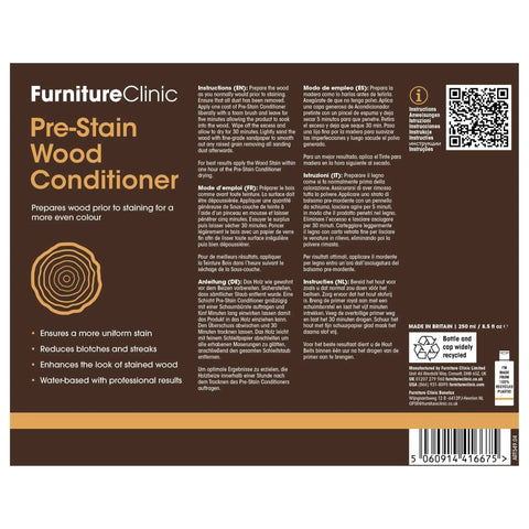 Smooth As Butter Pre Stain Wood Conditioner For Blotch Free Even Coverage Prepares Raw Lumber Before Staining Water Based Formula Built For Indoor Outdoor Creations Low Odor Non Toxic Durable Finish 85 Oz label showing usage instructions and benefits on container.