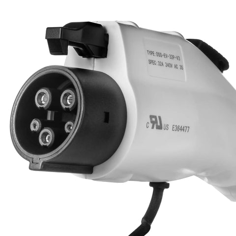 Close-up of the plug connector for the 32 Amp Level 2 Electric Vehicle Charging Station with Nema 14 50 design.