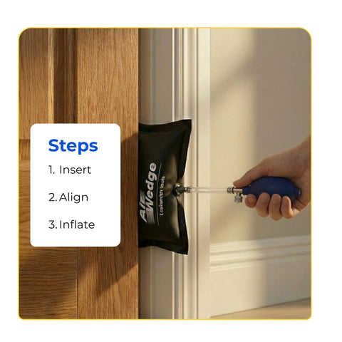 Heavy-duty large air wedge bag pump inflating a black nylon air wedge at a doorway