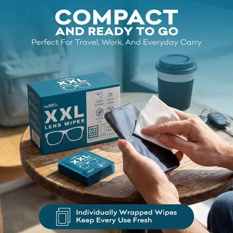 Person using Big Lens Wipes 50 Count For Glasses, Watches, Screens And More Clean Smudge Free With Quick Dry Isopropyl Alcohol on a phone.