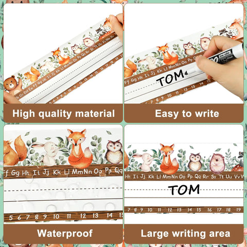 Set Of 50 Woodland Friends Alphabet Name Tags With Adhesive Dots For Classrooms, 3.9 By 11.8 Inch shown with woodland creatures