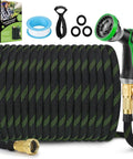 FlexiSolve garden hose, 150 ft non-expandable, black with green stripe, brass fittings and 10-pattern spray nozzle